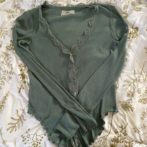 Urban Outfitters Teal Ribbed Top with Lace Trim